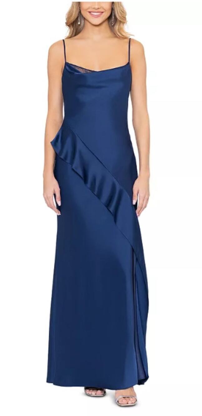 AQUA WOMENS SIZE 2 CHARM DRAPED RUFFLE MAXI FORMAL DRESS BLUE NEW